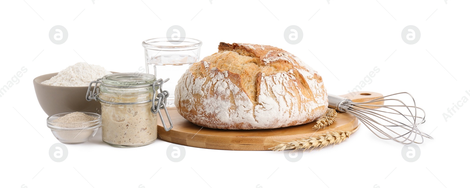 Photo of Freshly baked bread, sourdough and other ingredients on white background