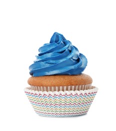 Photo of Delicious cupcake with blue cream isolated on white