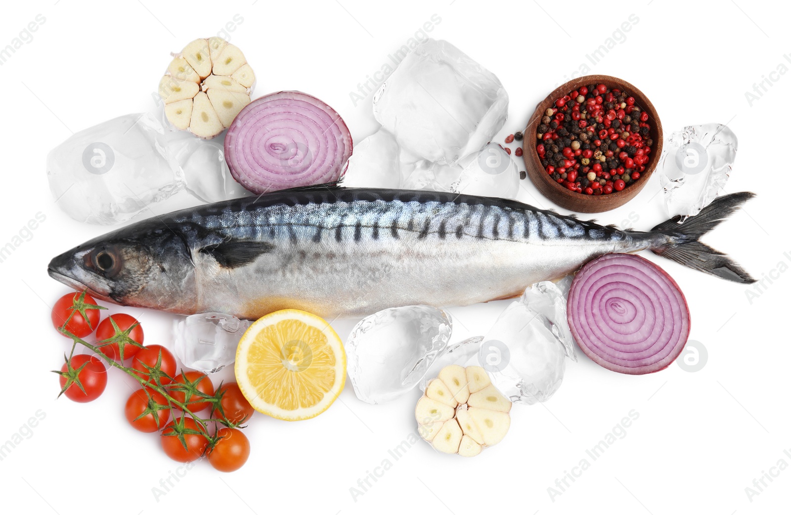 Photo of Raw mackerel, peppercorns, lemon, red onion, garlic and tomatoes isolated on white, top view