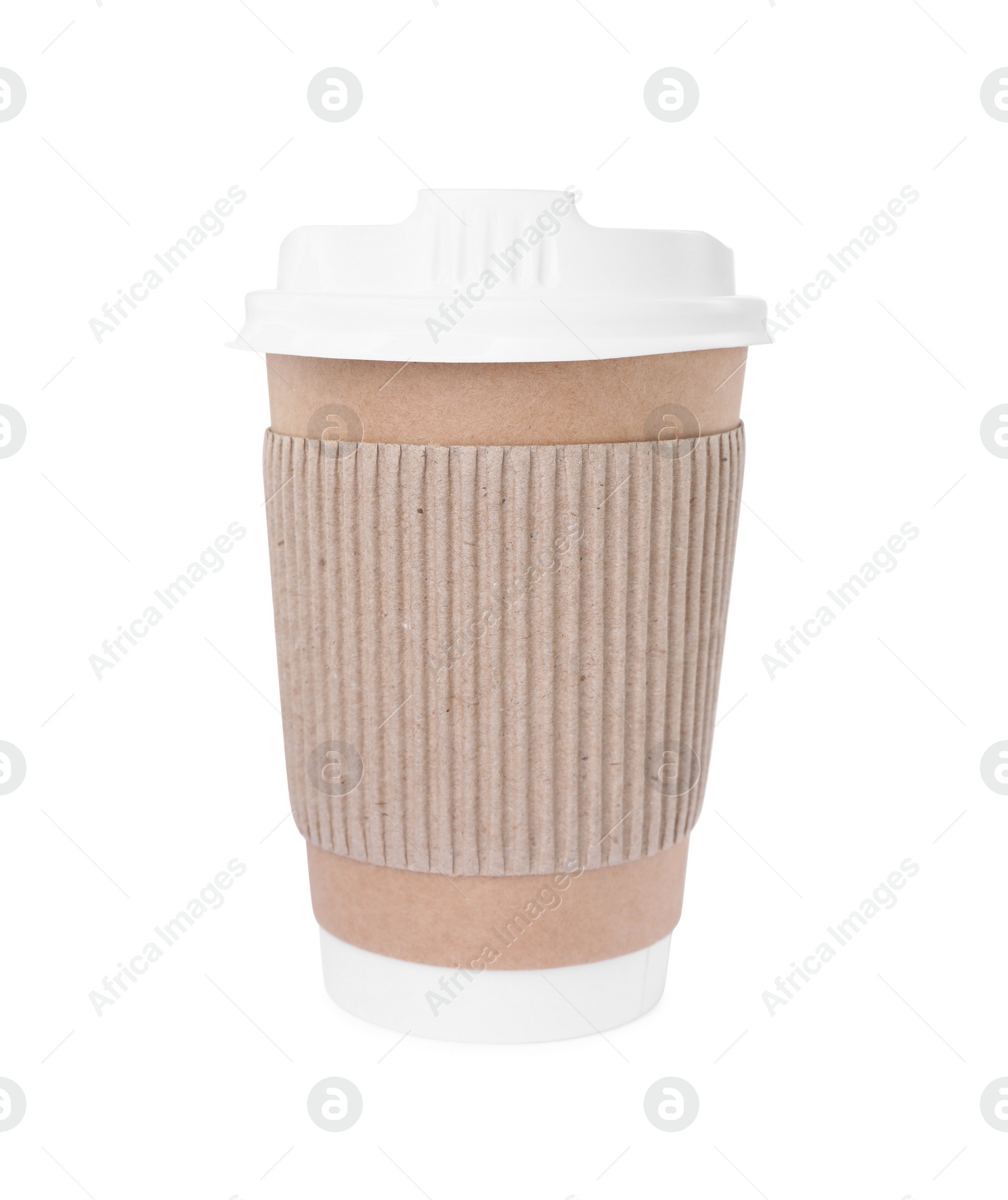 Photo of Paper cup with plastic lid isolated on white. Coffee to go