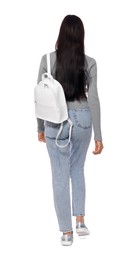 Woman with leather bag walking on white background, back view