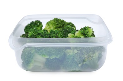 Photo of Fresh broccoli in plastic container isolated on white
