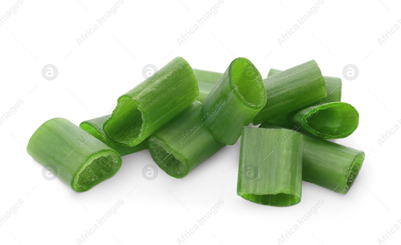 Photo of Chopped fresh green onions on white background