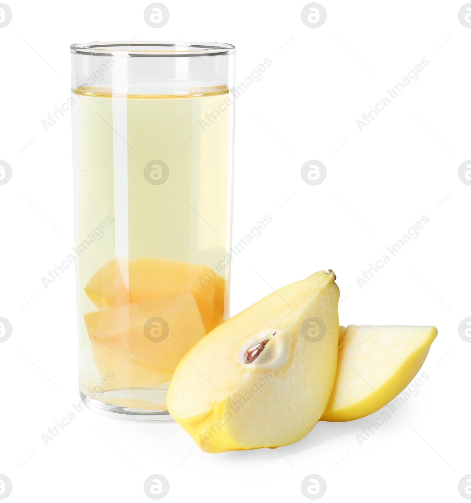 Photo of Delicious quince drink in glass and fresh fruit isolated on white