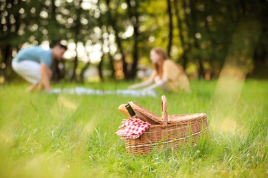 Wicker picnic basket with bottle of wine and bread on green grass