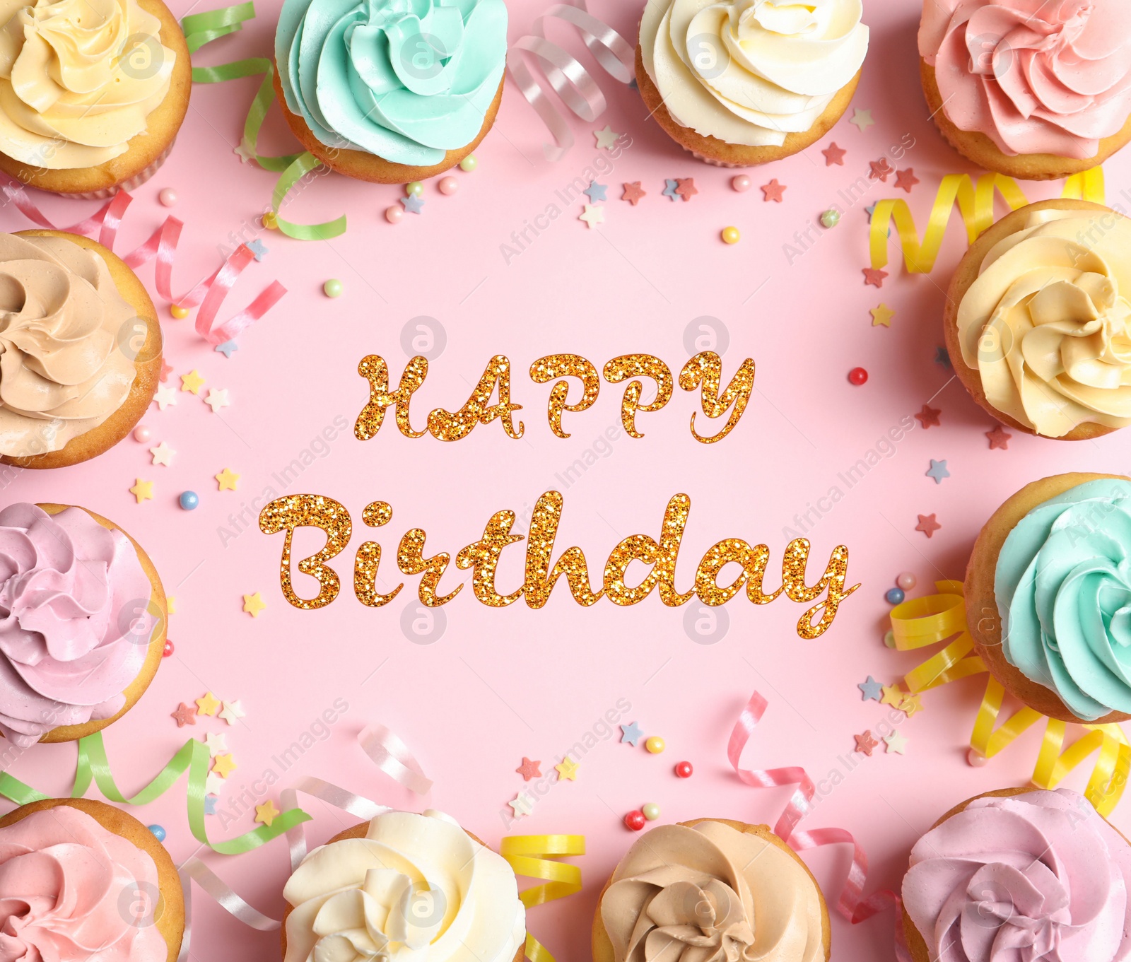 Image of Happy Birthday. Flat lay composition with tasty cupcakes on pink background