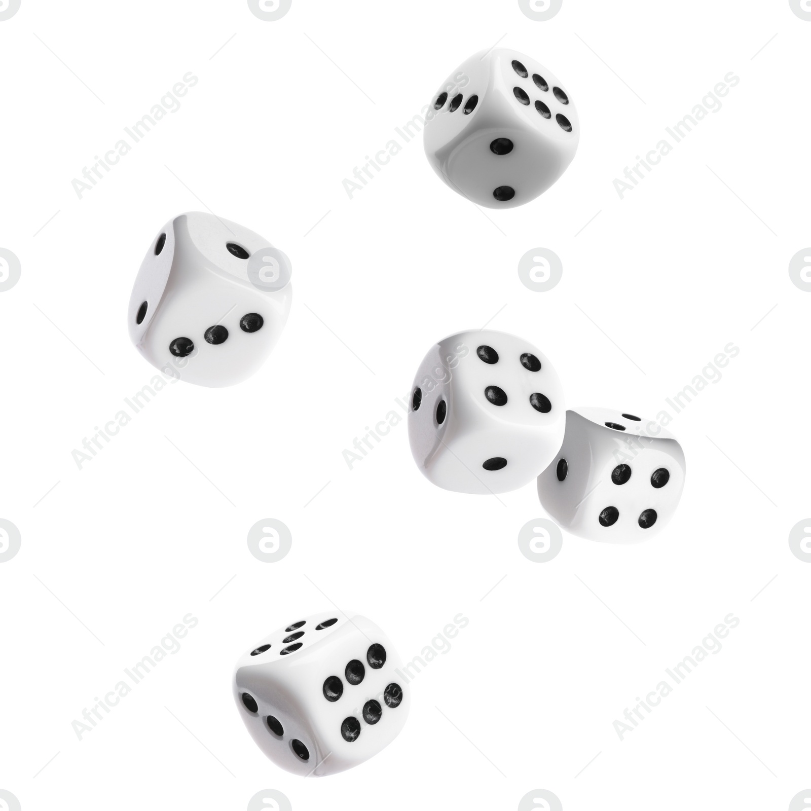 Image of Five dice in air on white background