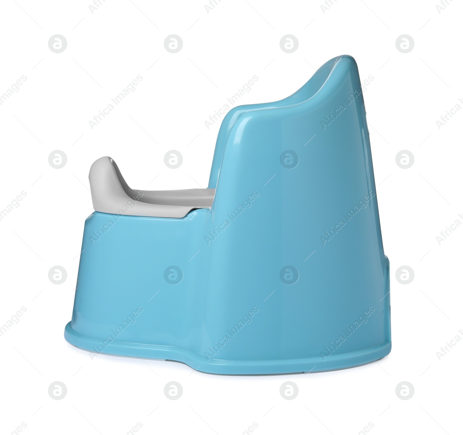 Photo of Light blue baby potty isolated on white. Toilet training