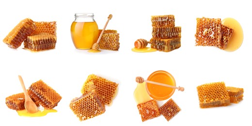 Image of Set with fresh delicious honeycombs on white background. Banner design