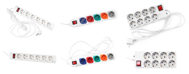 Image of Set of different power strips on white background, top view