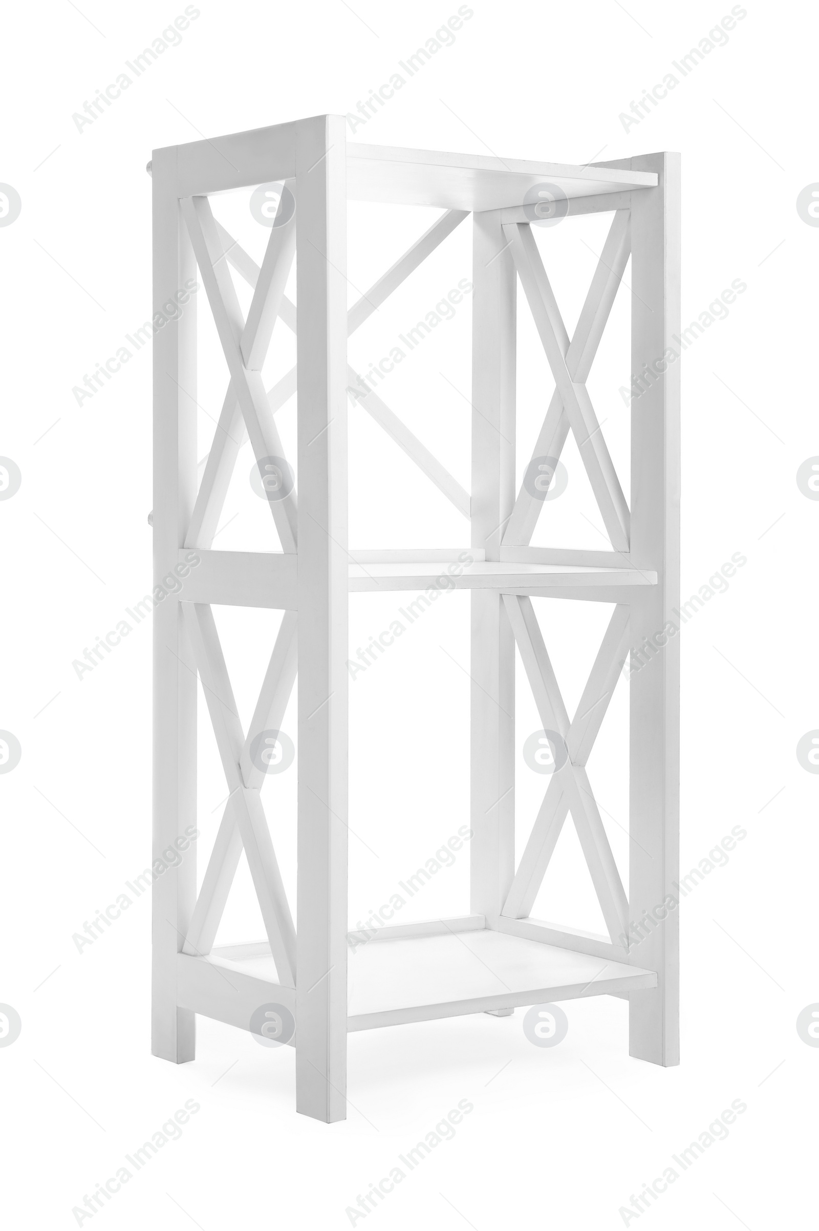 Photo of Empty wooden shelving unit isolated on white