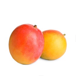 Photo of Delicious ripe juicy mangoes on white background