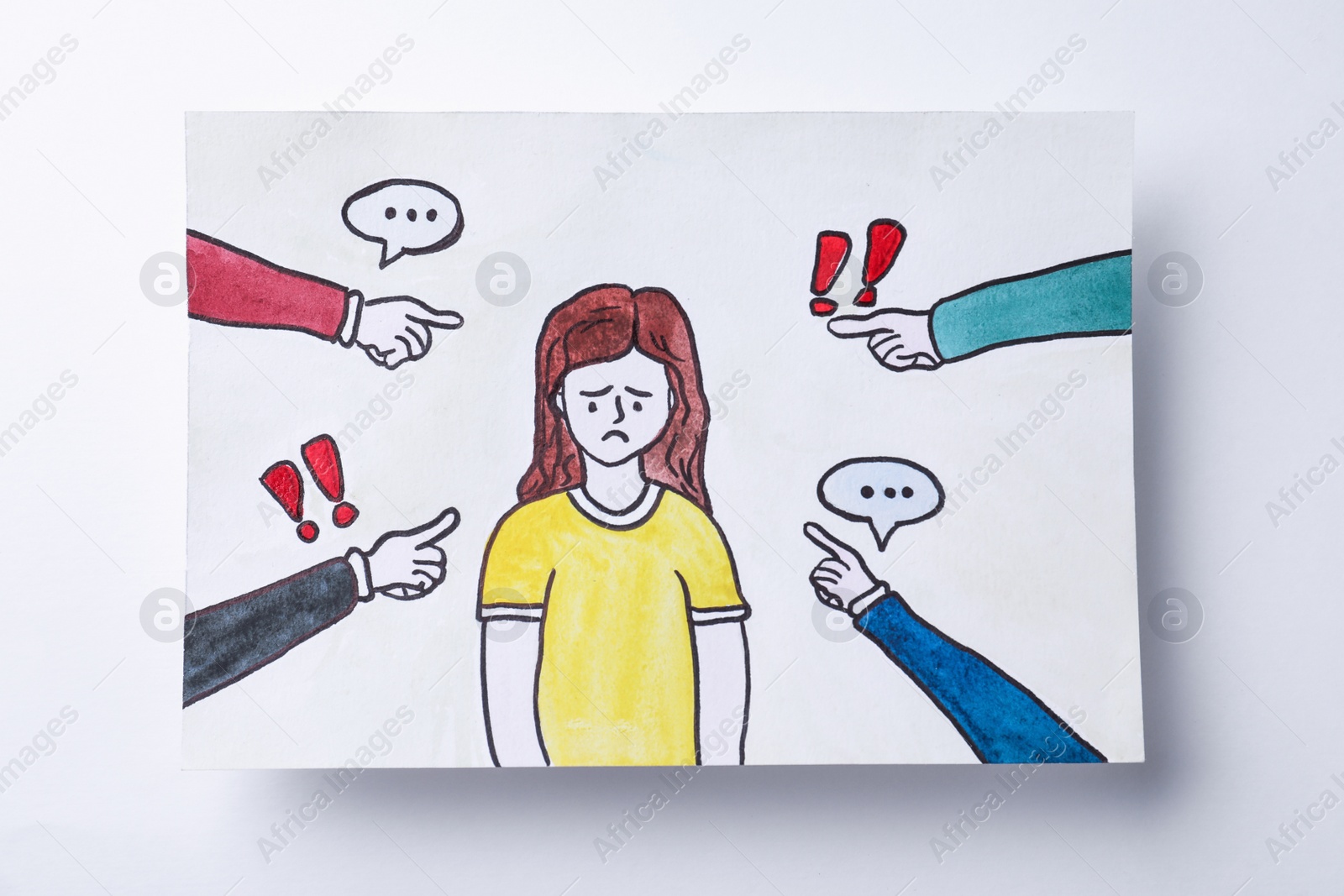 Photo of Drawing of people bullying sad woman on white background, top view