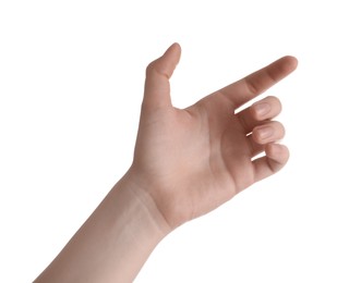 Photo of Woman against white background, closeup of hand