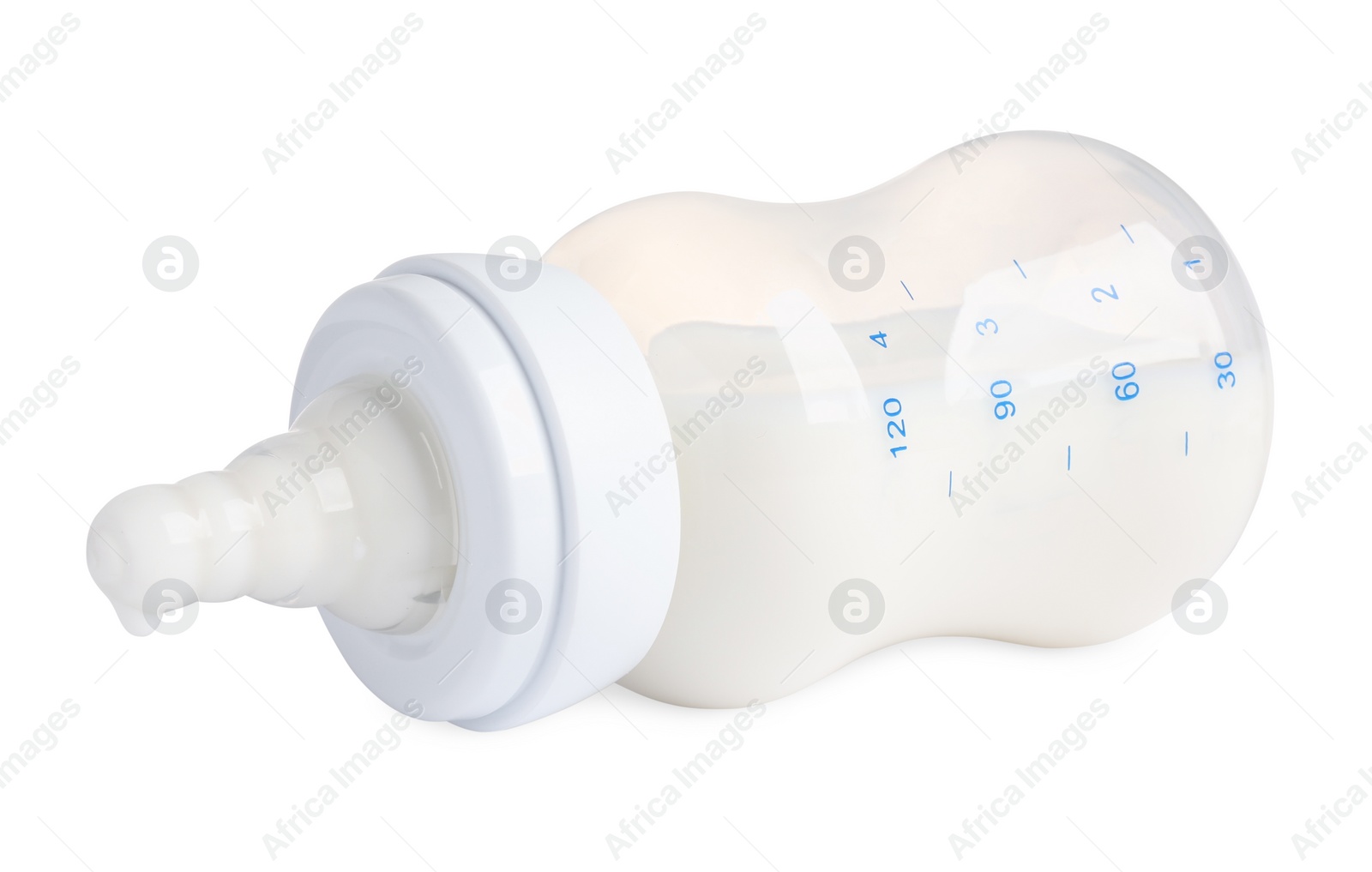 Photo of Feeding bottle with dairy free infant formula on white background, closeup