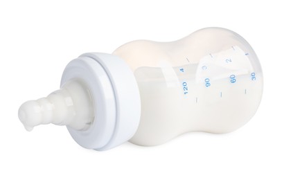 Feeding bottle with dairy free infant formula on white background, closeup