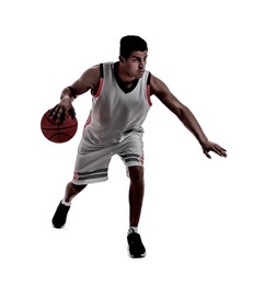 Image of Silhouette of professional sportsman playing basketball on white background
