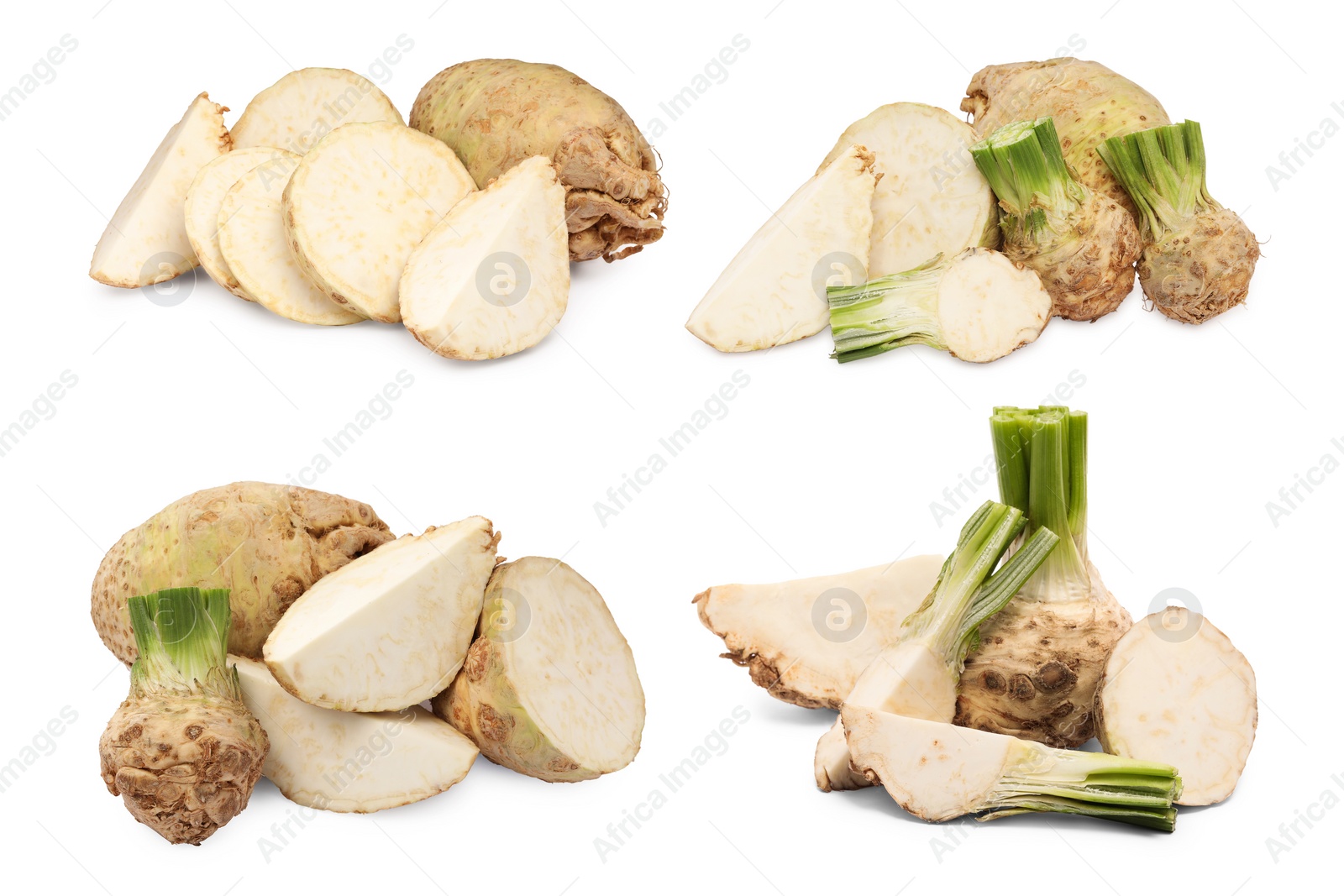 Image of Whole and sliced celery roots isolated on white, collage design