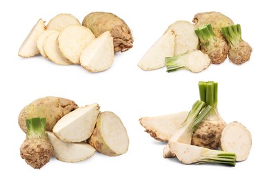 Image of Whole and sliced celery roots isolated on white, collage design