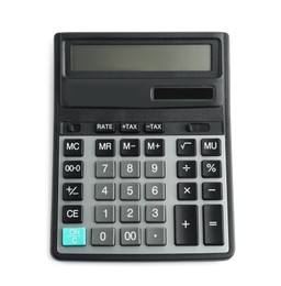 Modern calculator on white background, top view