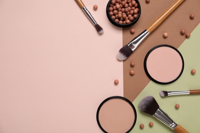 Photo of Flat lay composition with makeup products on color background. Space for text