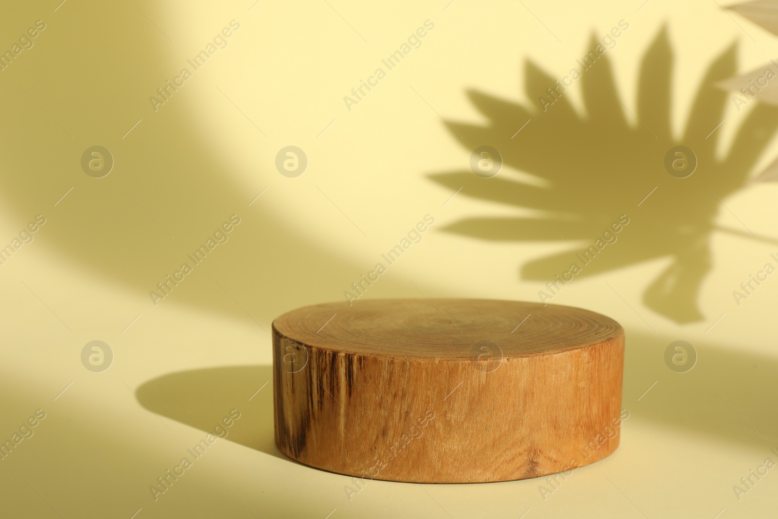 Photo of Presentation of product. Wooden podium on yellow background. Space for text