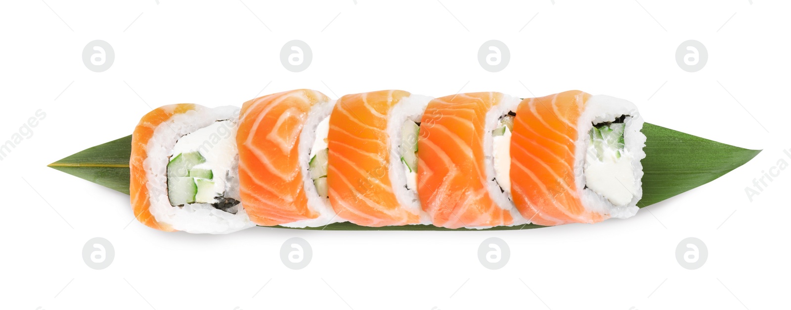 Photo of Tasty sushi rolls and green leaf on white background, top view