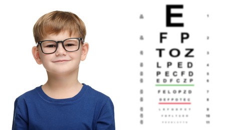 Vision test. Cute little boy in glasses and eye chart on white background, banner design