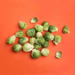 Fresh Brussels sprouts on coral background, flat lay