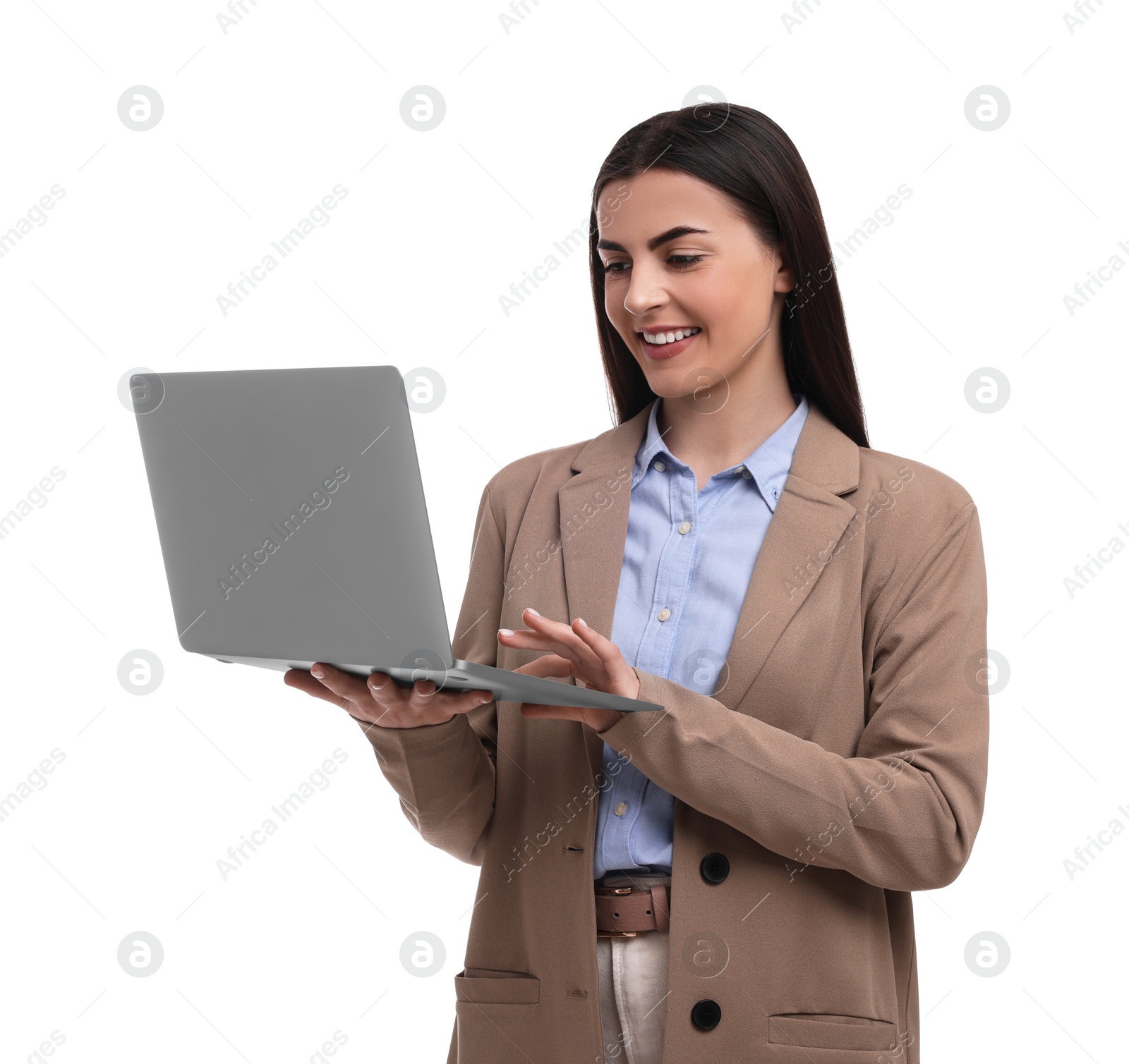 Photo of Beautiful happy businesswoman using laptop on white background