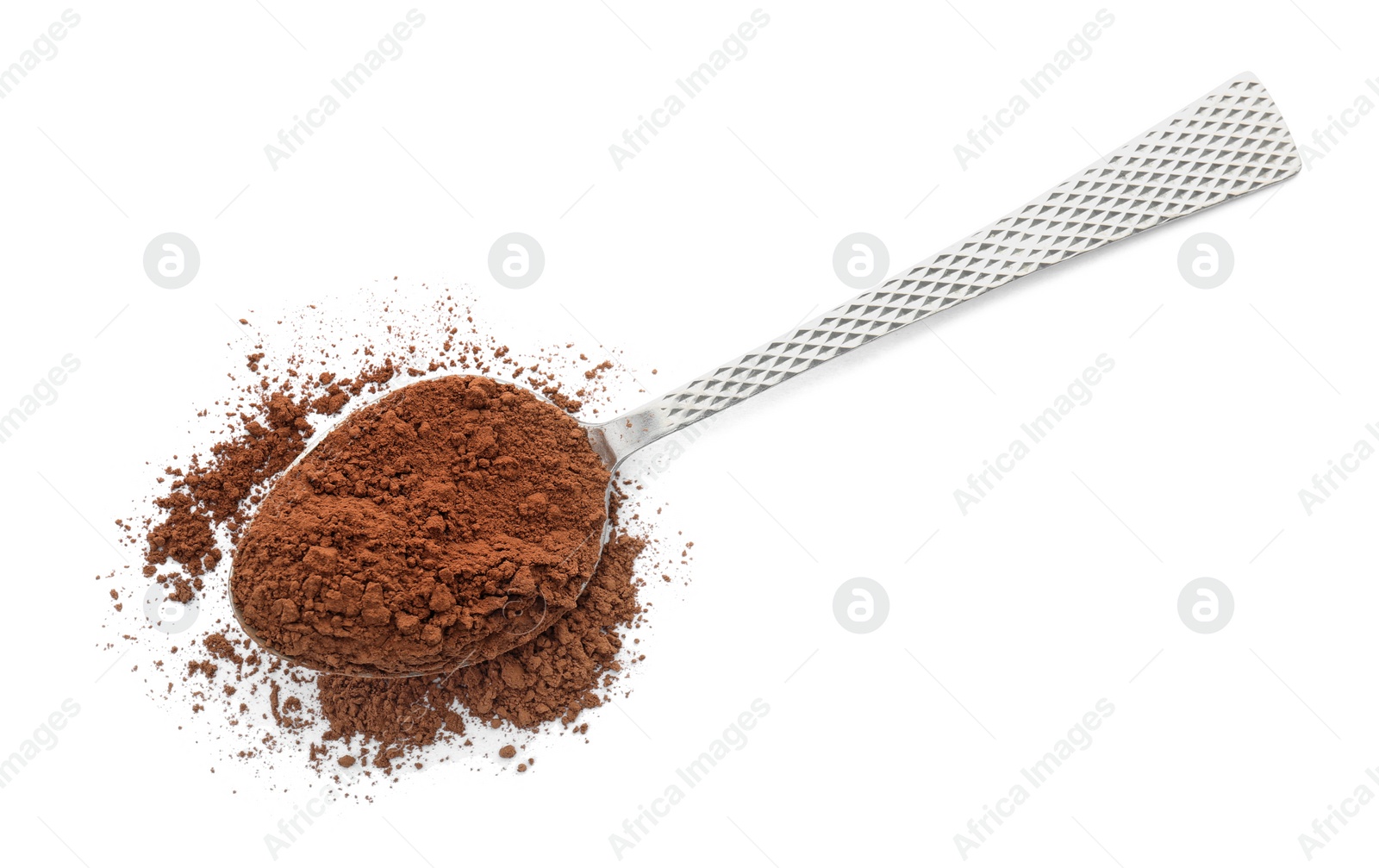 Photo of Spoon with cocoa powder on white background