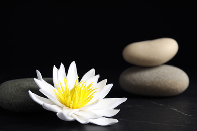 Photo of Stones and lotus flower on black table. Zen lifestyle