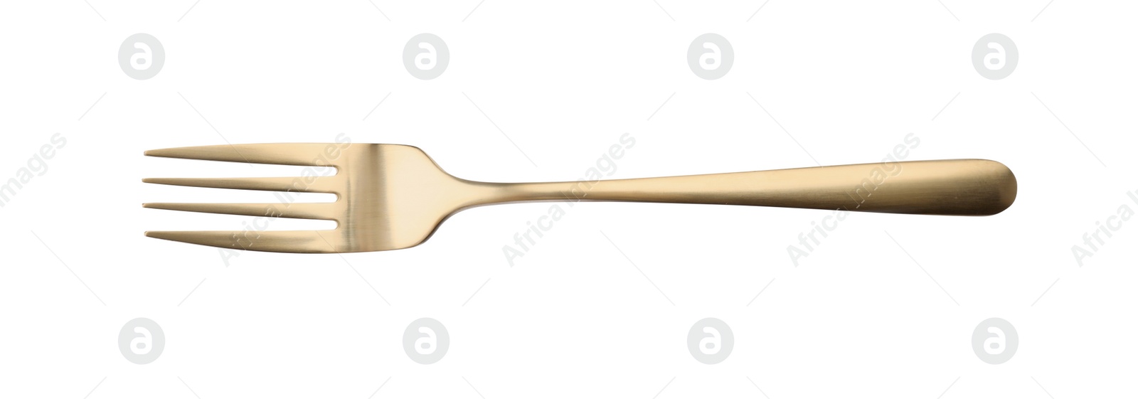 Photo of One shiny golden fork isolated on white, top view