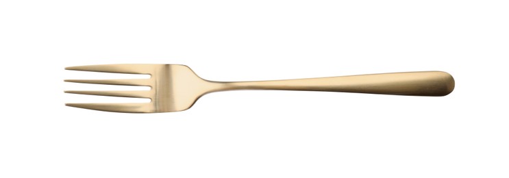 Photo of One shiny golden fork isolated on white, top view