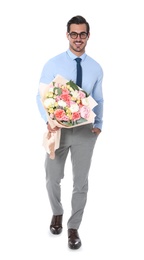 Photo of Young handsome man with beautiful flower bouquet on white background