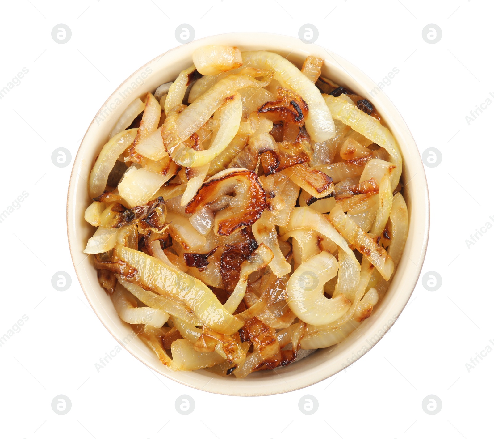 Photo of Tasty fried onion isolated on white, top view