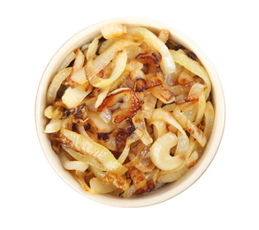 Tasty fried onion isolated on white, top view