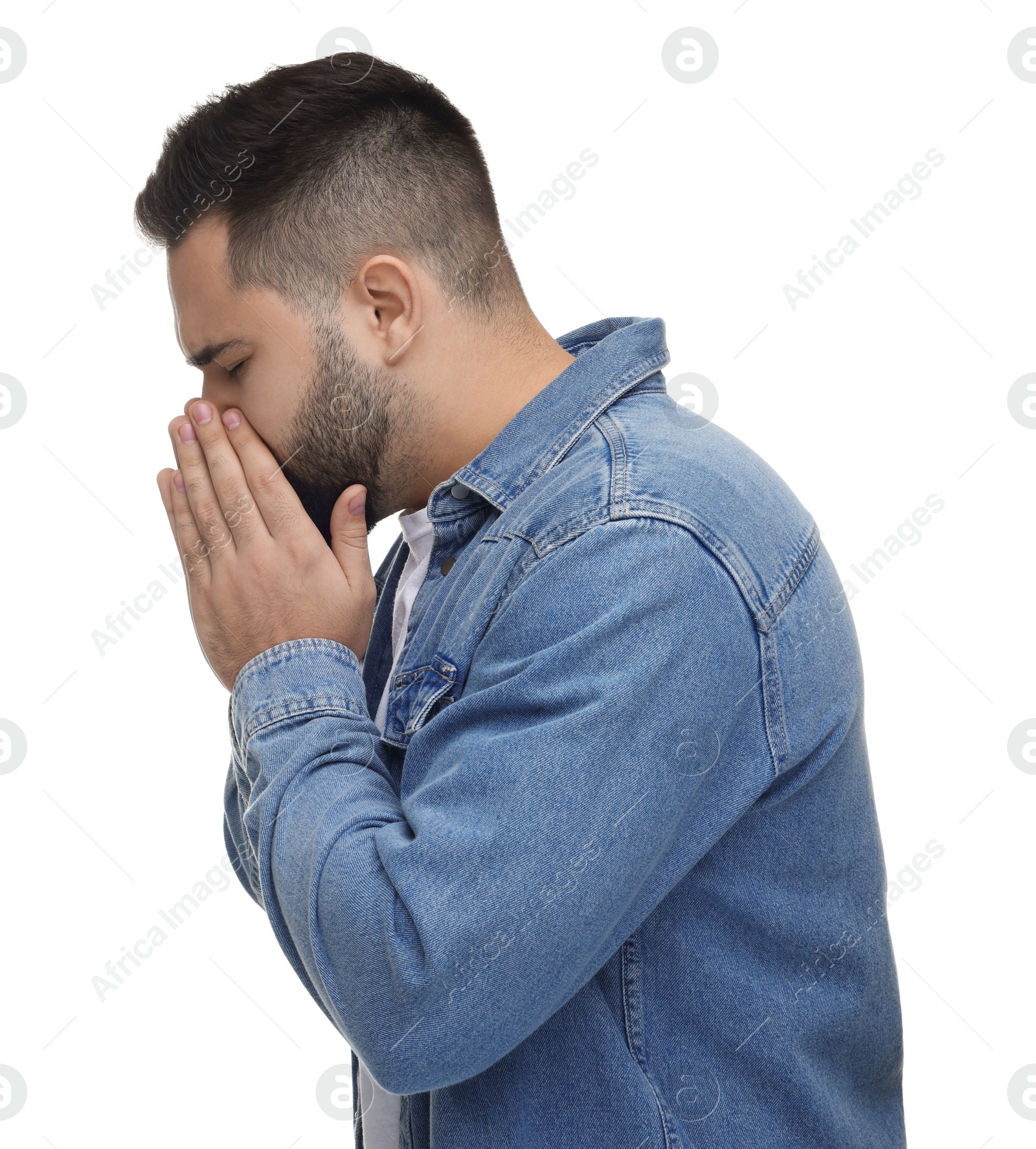 Photo of Sick man coughing on white background. Cold symptoms