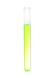 Test tube with color liquid on white background. Solution chemistry