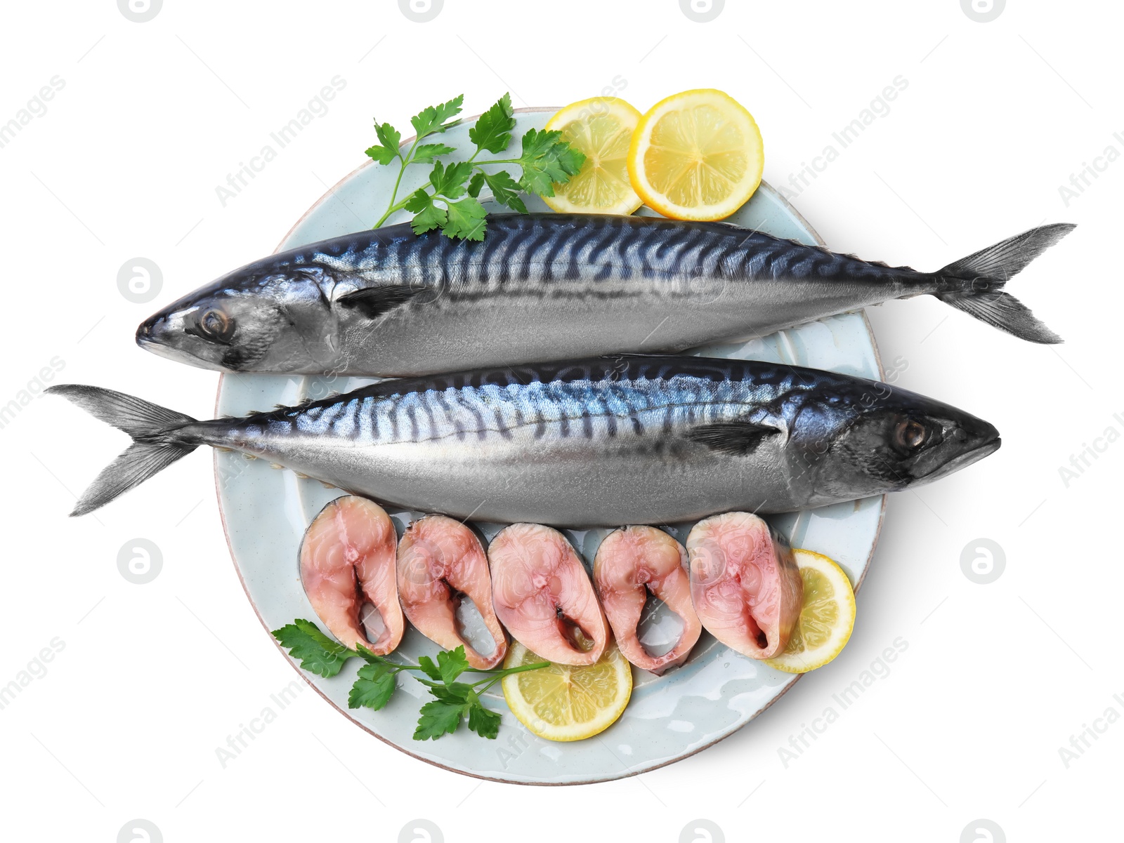 Photo of Mackerel fish with parsley and lemon on white background, top view