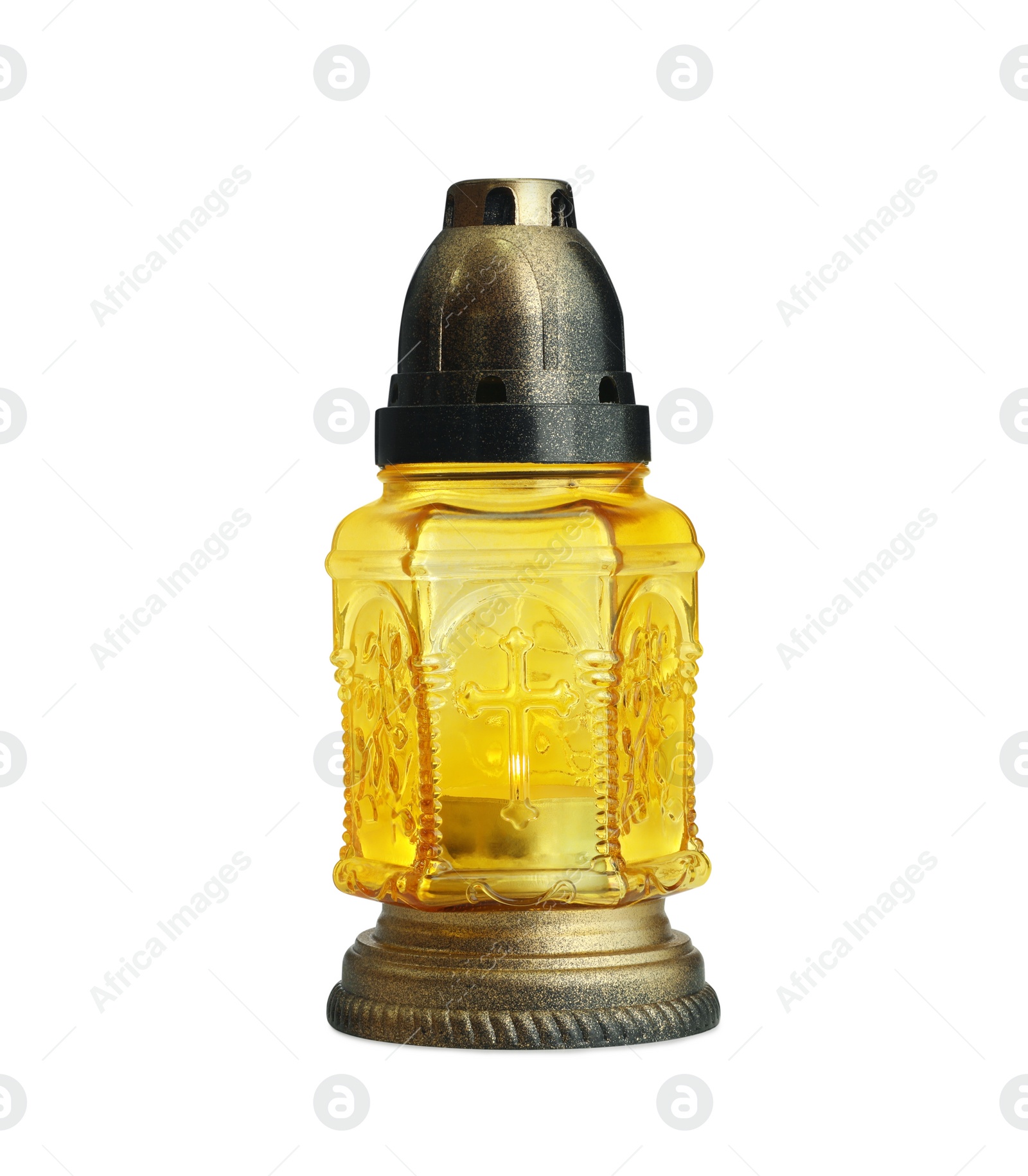 Photo of Yellow grave light with burning candle isolated on white. Symbol of remembrance