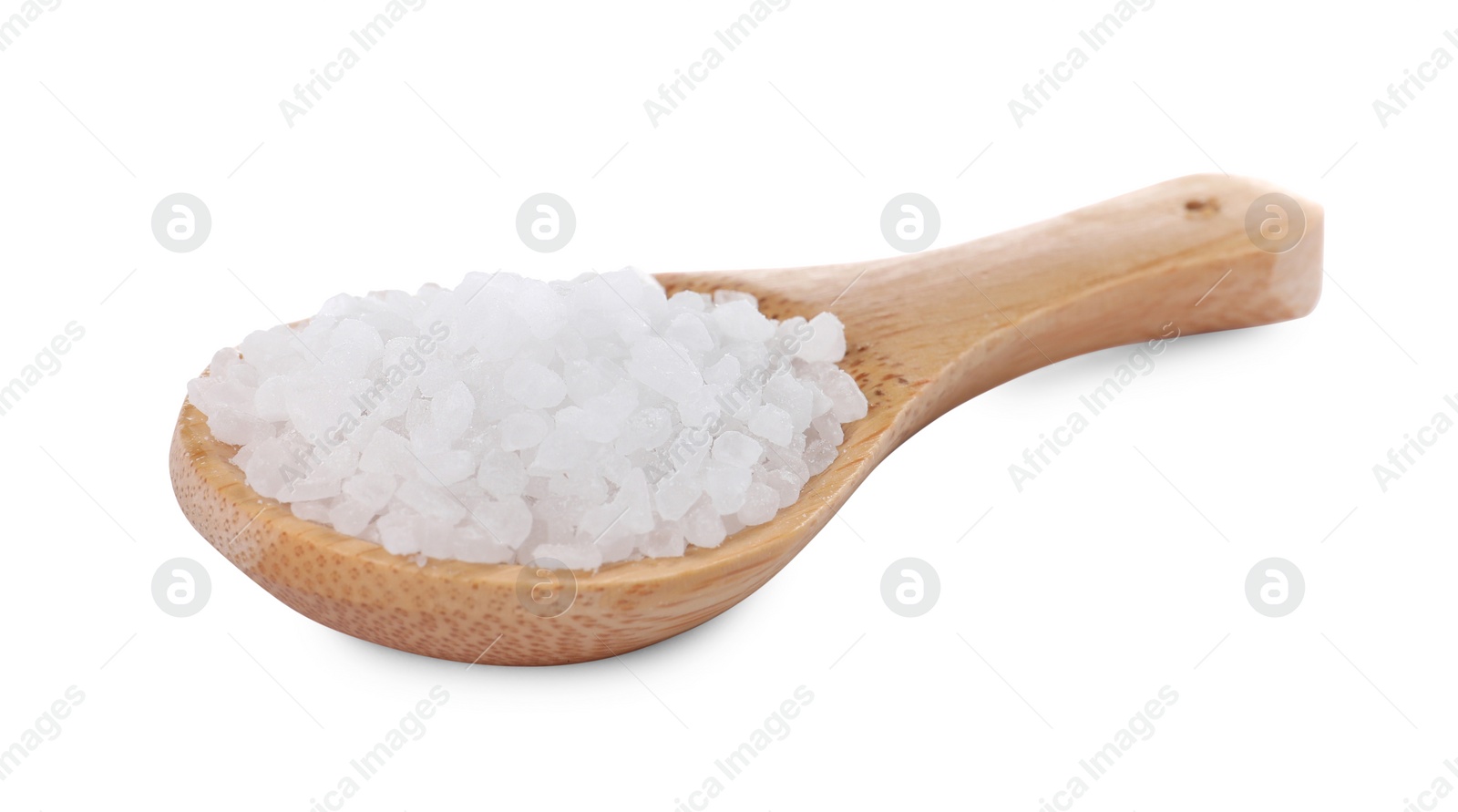 Photo of Wooden spoon with natural sea salt isolated on white