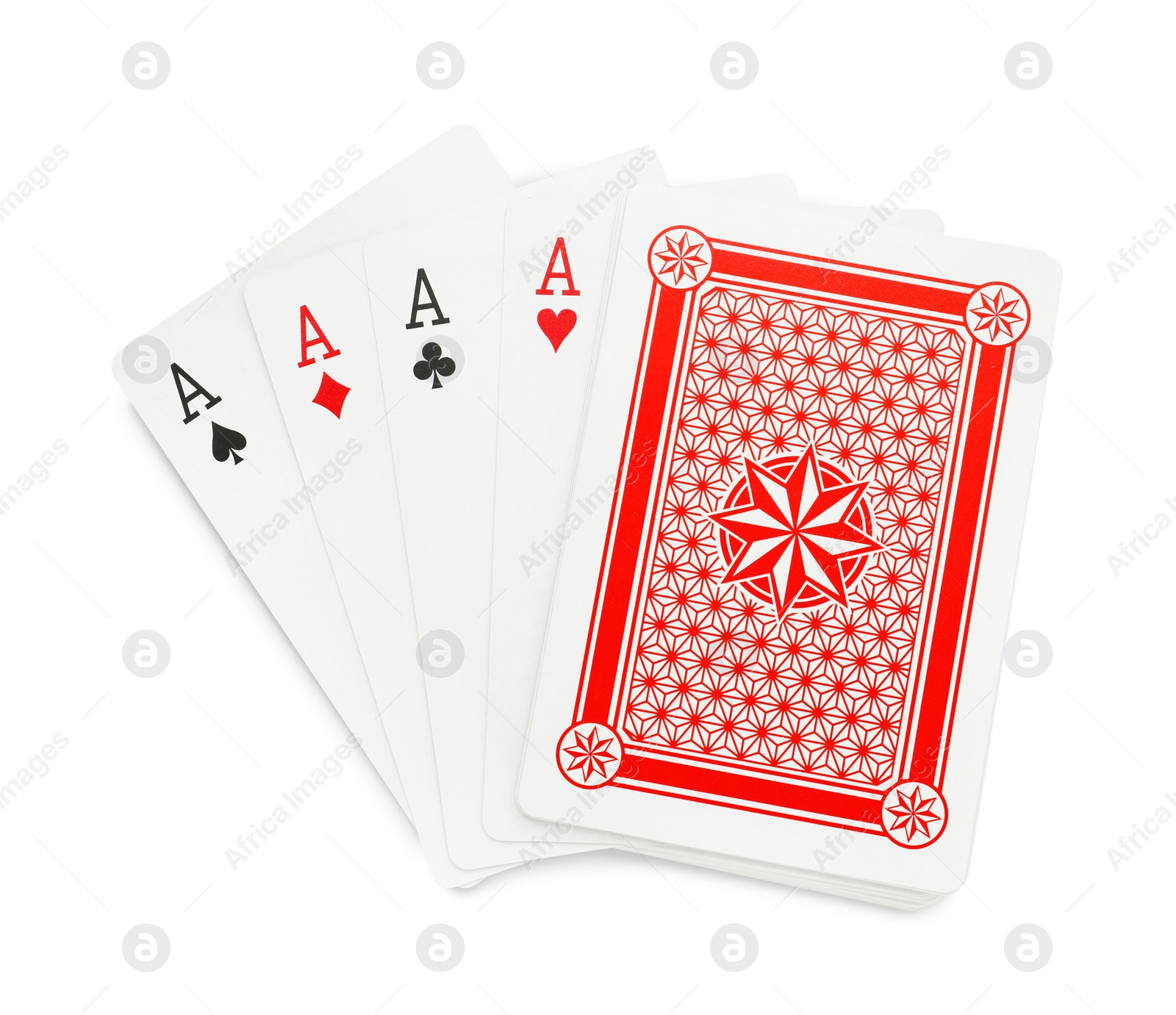 Photo of Four aces and other playing cards isolated on white, top view. Poker game