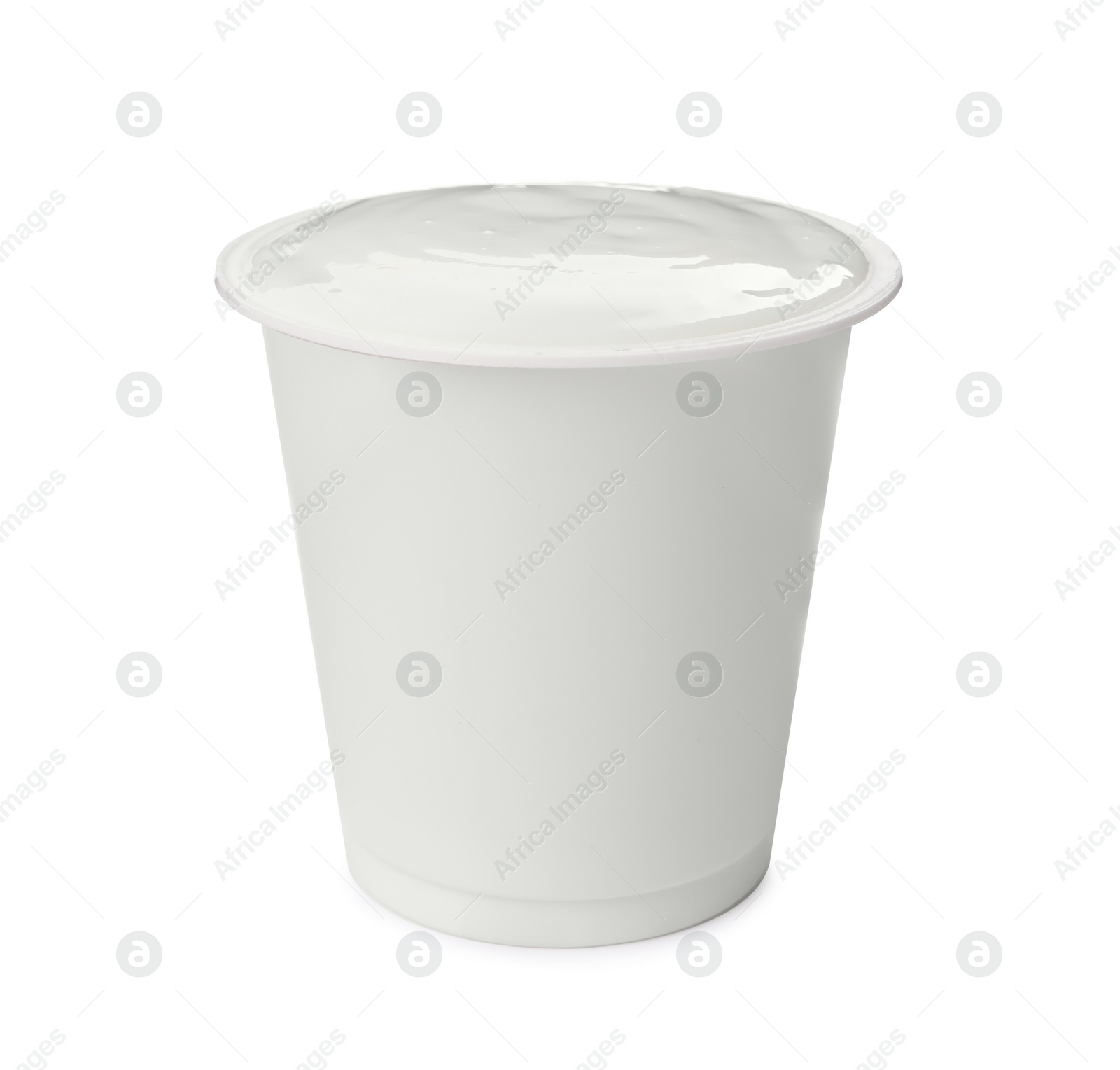 Photo of Delicious organic yogurt in plastic cup isolated on white