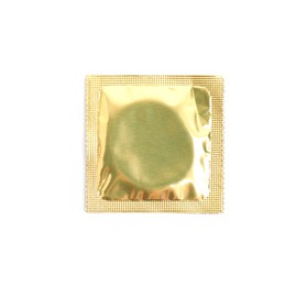 Condom package isolated on white, top view. Safe sex