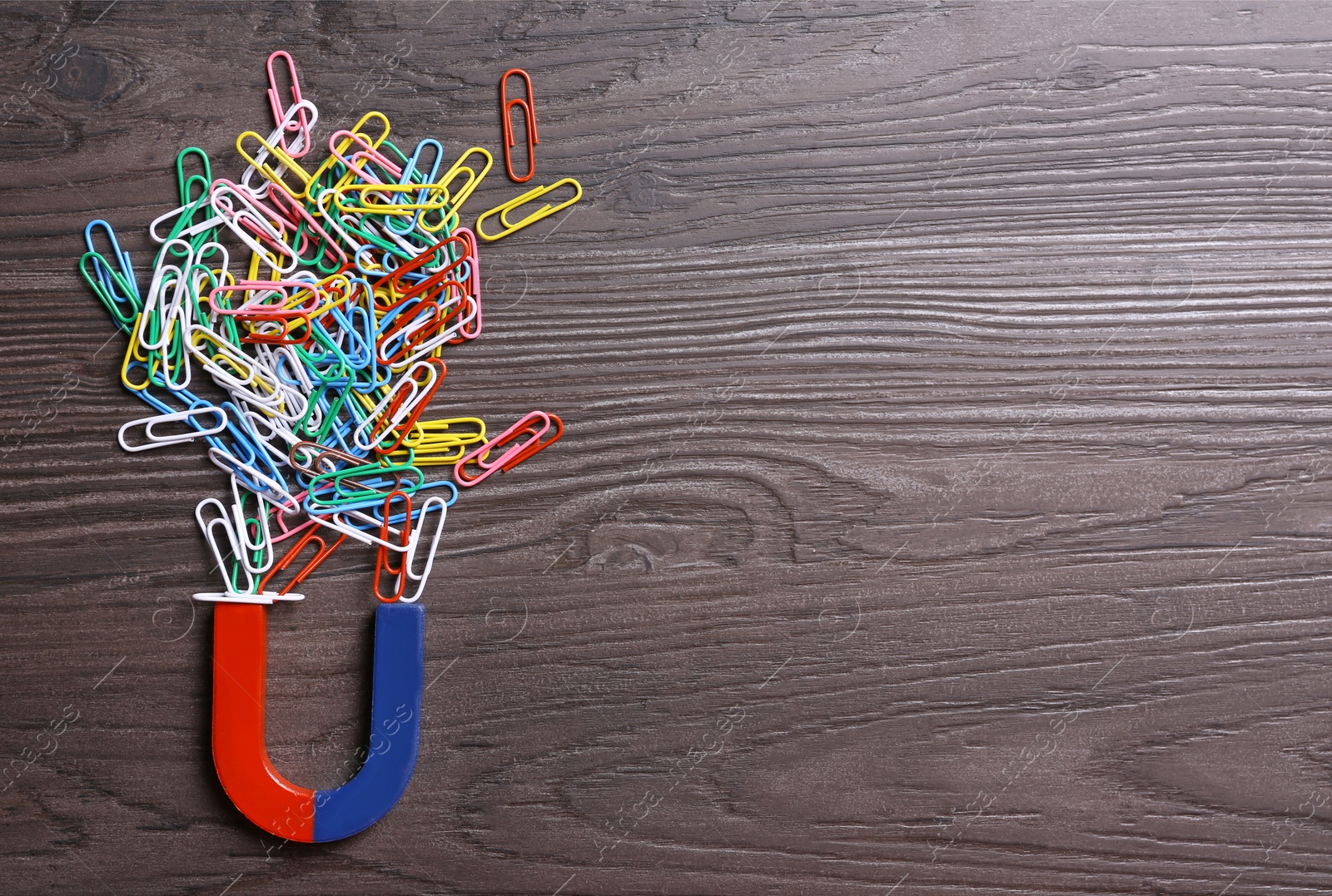 Photo of Magnet attracting paper clips on dark grey wooden background, flat lay. Space for text