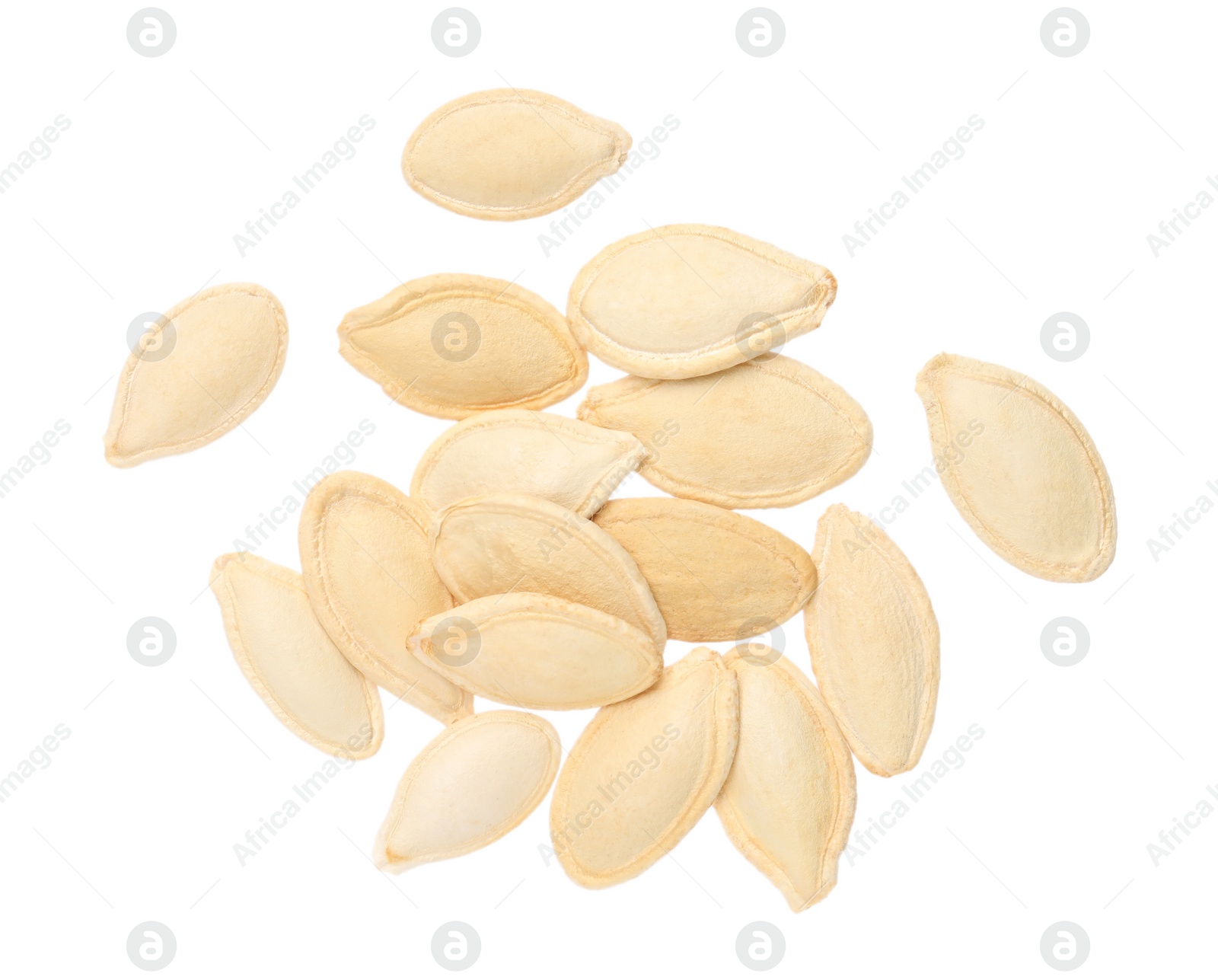 Photo of Dry pumpkin seeds isolated on white, top view