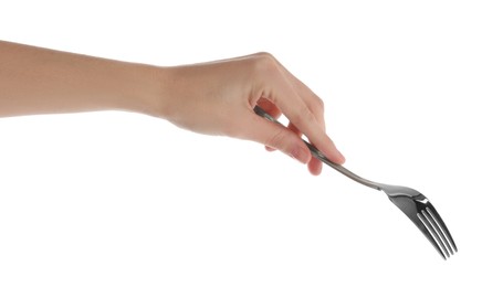 Photo of Woman with shiny silver fork on white background, closeup