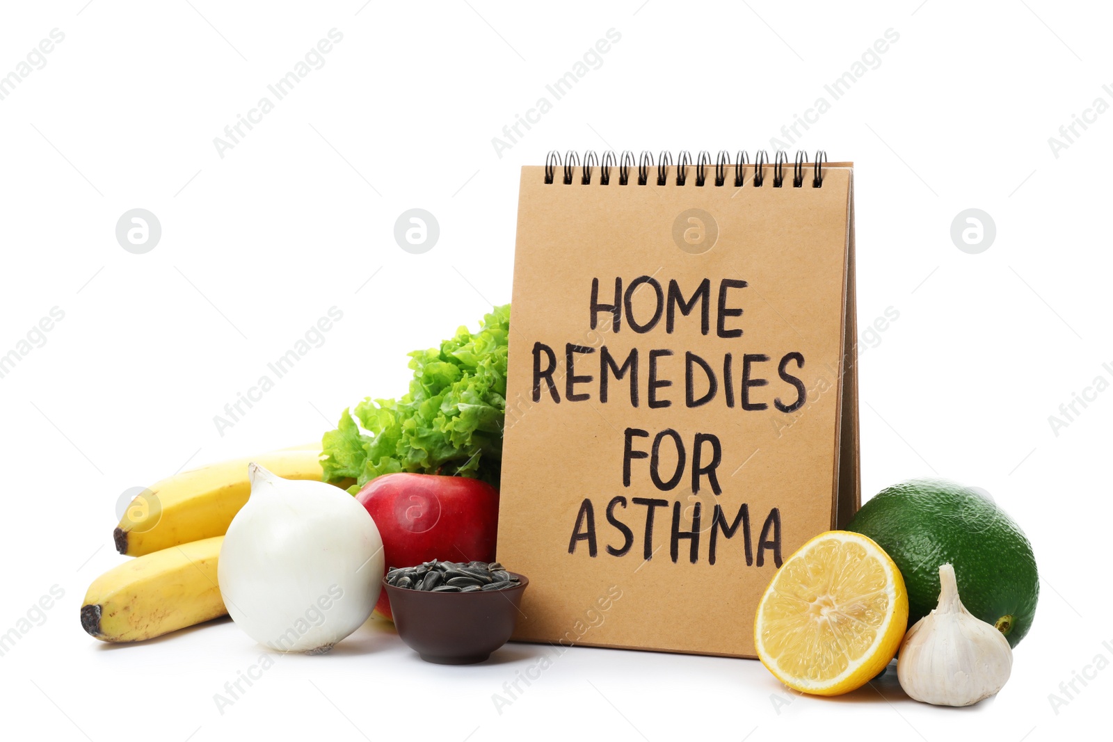 Photo of Natural products and notebook with text HOME REMEDIES FOR ASTHMA on white background