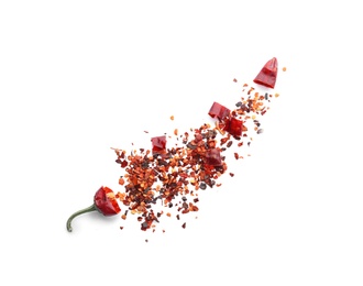 Photo of Composition with chili pepper flakes on white background, top view